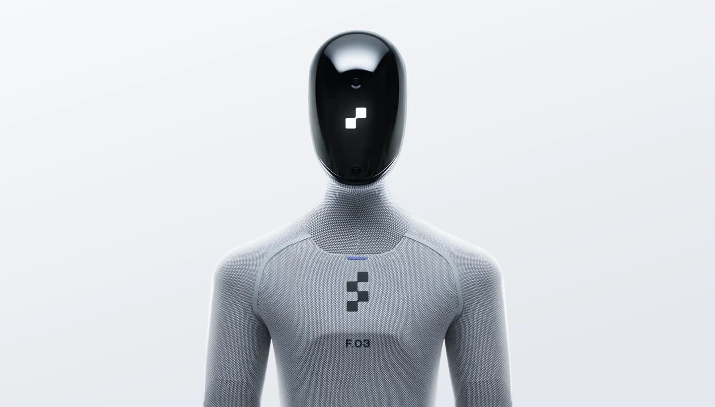 Render of a humanoid robot from the chest up: a glossy black head shell over a grey knitted suit.