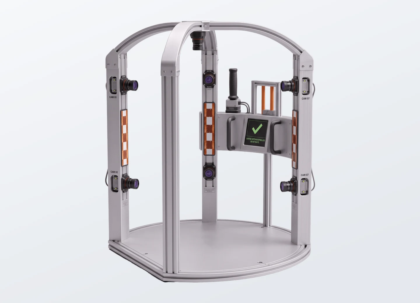 Design render of the test station: an aluminium-framed cell on a circular base plate, with numbered camera positions around its uprights, printed reference targets, a reference handle and an operator panel.