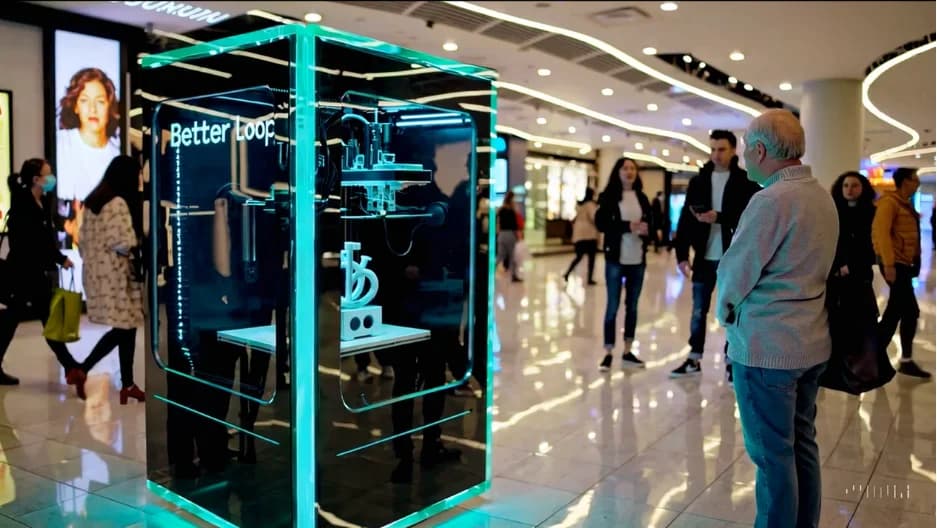 Concept render of the machine in a shopping centre: a lit glass cabinet with a 3D printer running inside it, and a passer-by stopped to watch.