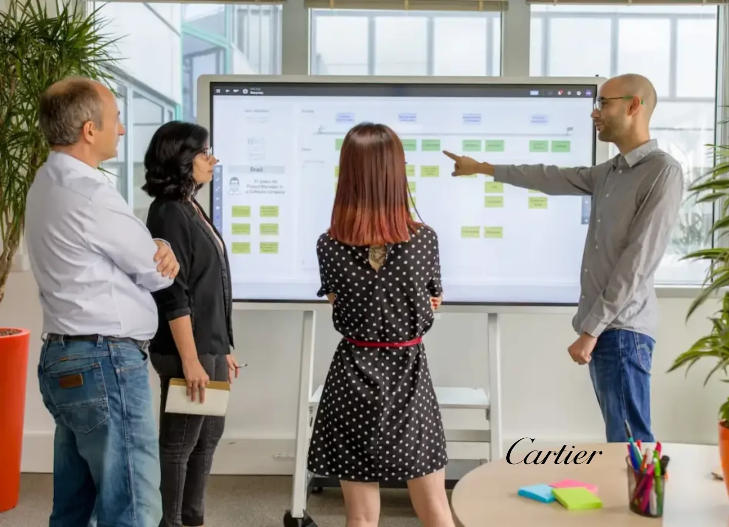 Four people standing in front of a large touchscreen during a workshop, discussing a mapped process.