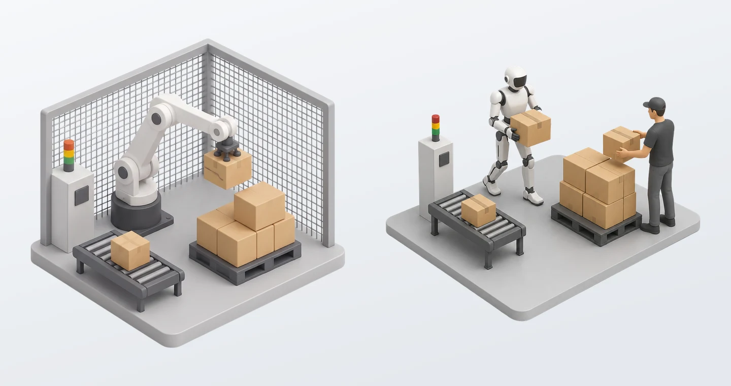 Two isometric renders side by side: a robot arm palletising inside a mesh safety fence, and a humanoid doing the same work beside a person, with no fence.