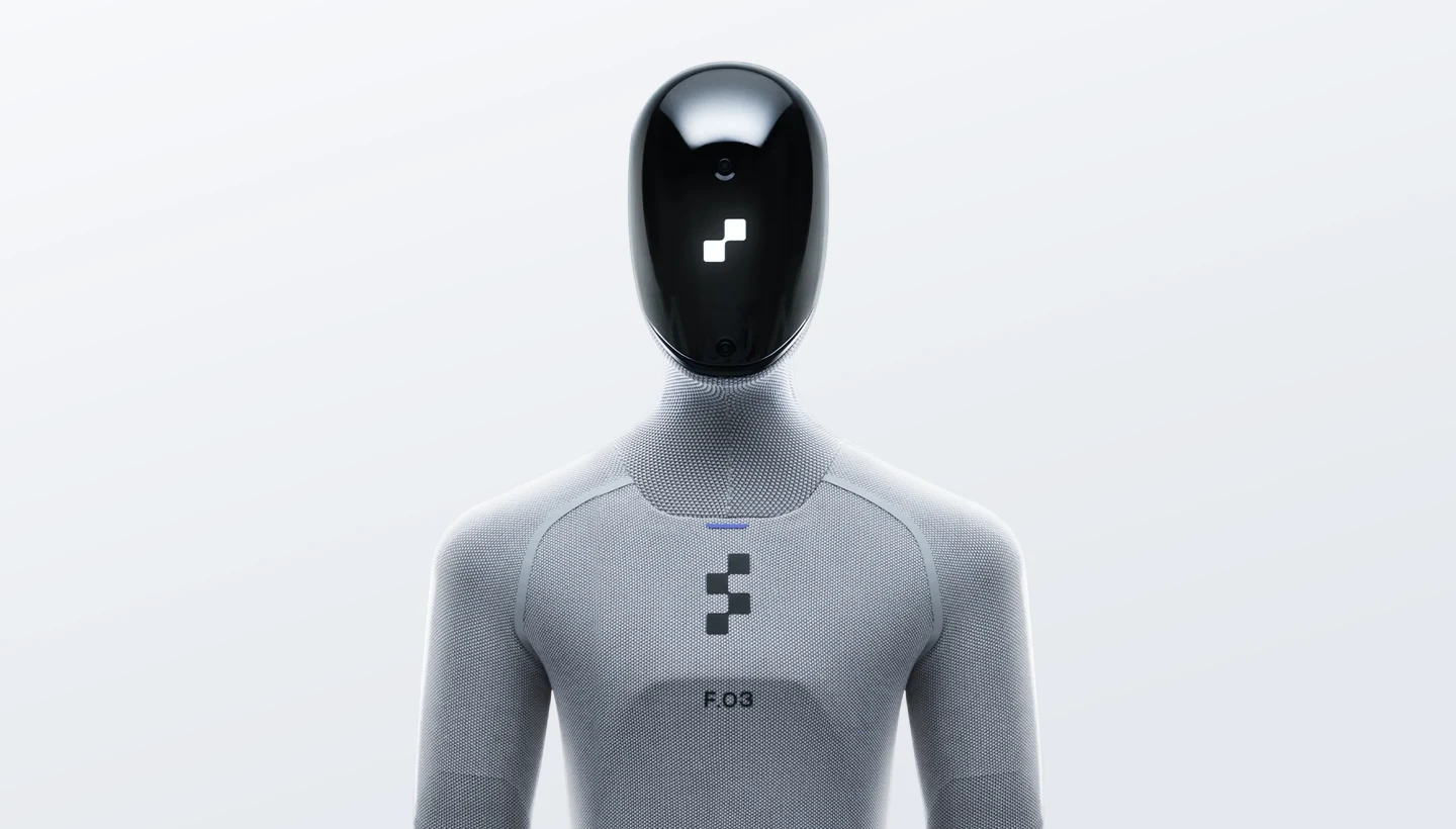 Render of a humanoid robot from the chest up: a glossy black head shell over a grey knitted suit.