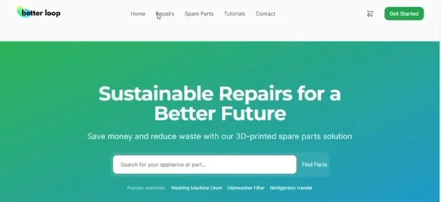 The Better Loop site: a green hero reading “Sustainable Repairs for a Better Future” over a search bar for an appliance or part, with washing machine drum, dishwasher filter and refrigerator handle offered as popular searches.