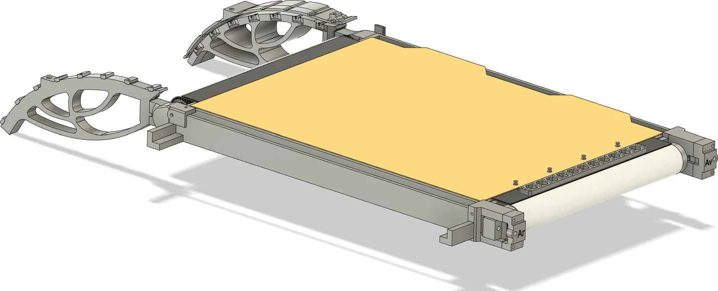 CAD render of the build platform: a belt stretched between two rollers on an aluminium frame, with two arced sweep arms on rails beside it.