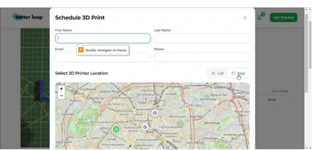 The “Schedule 3D Print” dialog open over a part page: name, email and phone fields, a List/Map toggle, and a map of Paris with printer locations pinned on it.