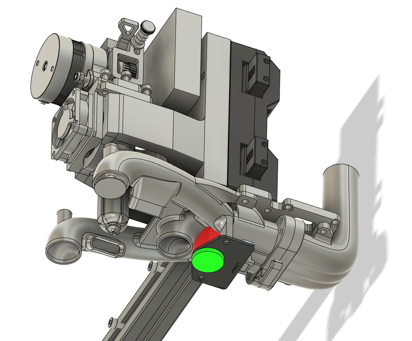 CAD render of the print head: extruder motor and cooling fan above, a carriage riding twin linear rails, and moulded ducts curving around the nozzle.