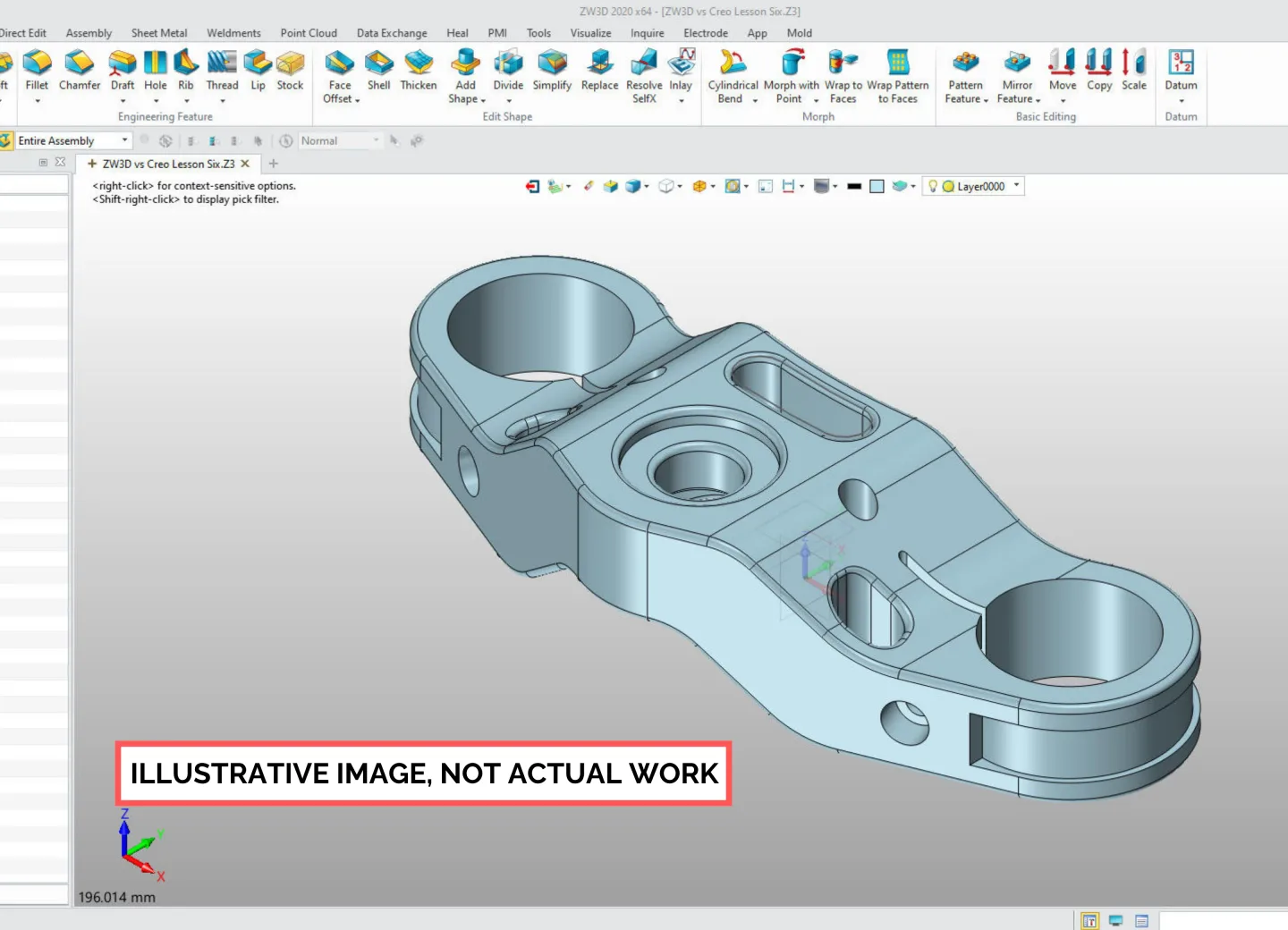 A CAD window showing a machined bracket, watermarked "illustrative image, not actual work".