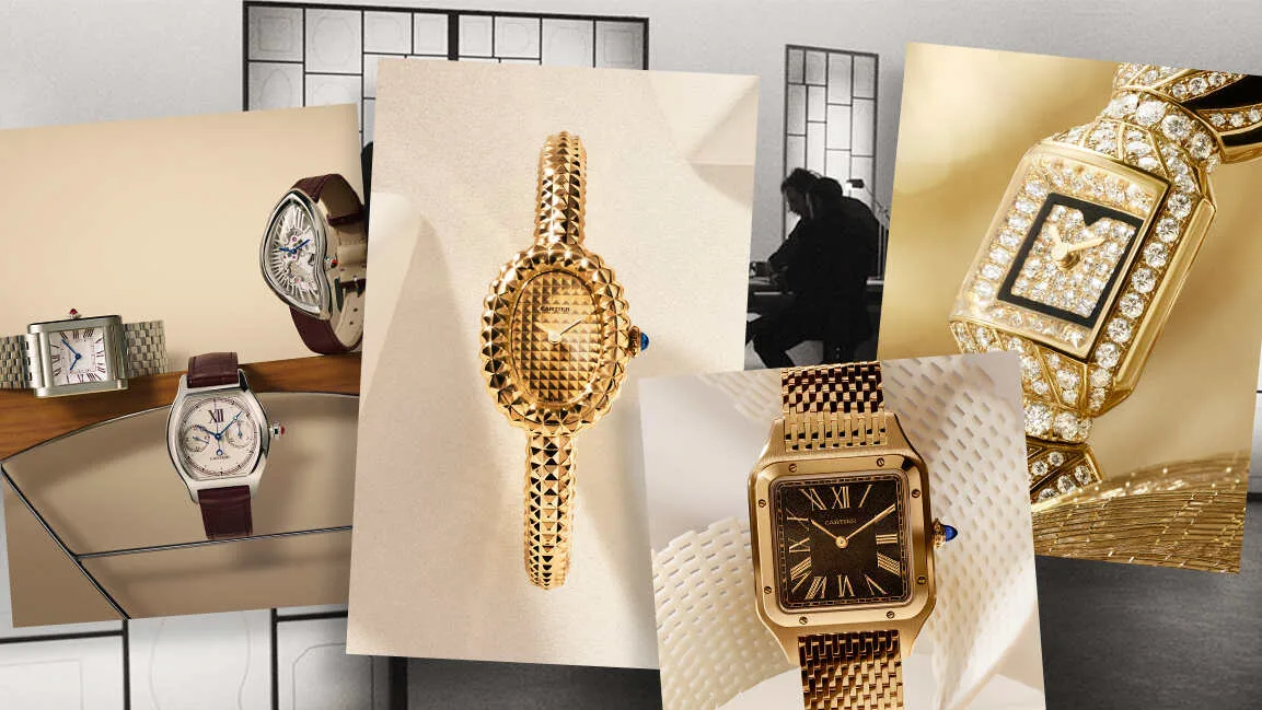 A collage of Cartier watches in gold, steel and diamonds.