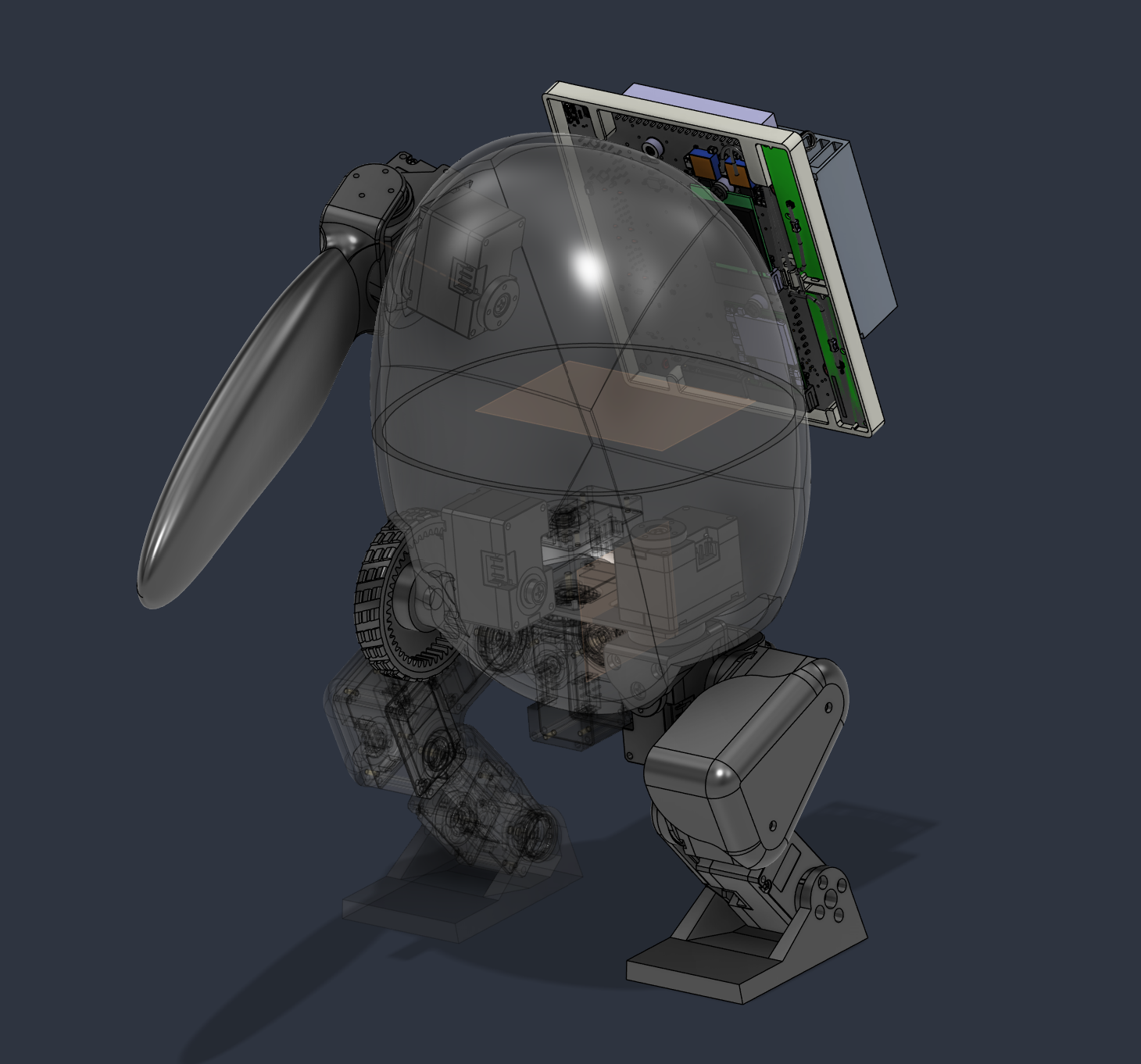 CAD assembly of Cody with a translucent body, an articulated shoulder and flipper, both legs, a wheel mechanism and an NVIDIA Jetson board positioned behind the body.