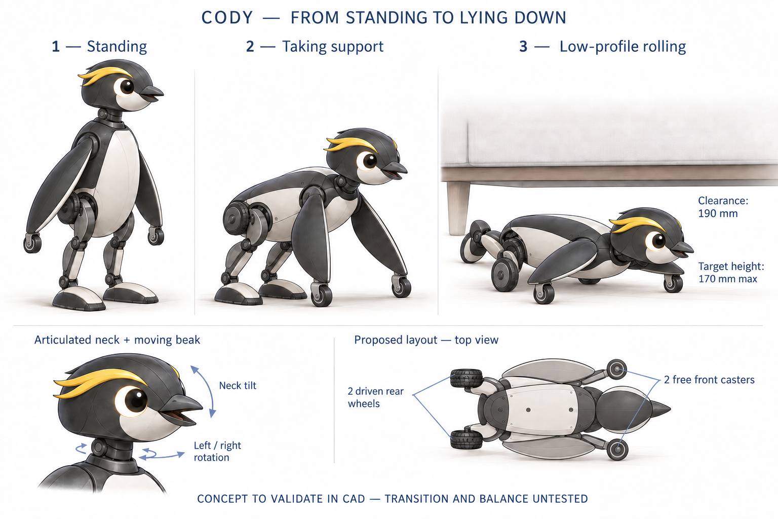 Concept board of Cody, a penguin-shaped robot, standing on two legs, leaning onto its flippers and lying low on wheels. Additional views explore the neck, beak and wheel arrangement.
