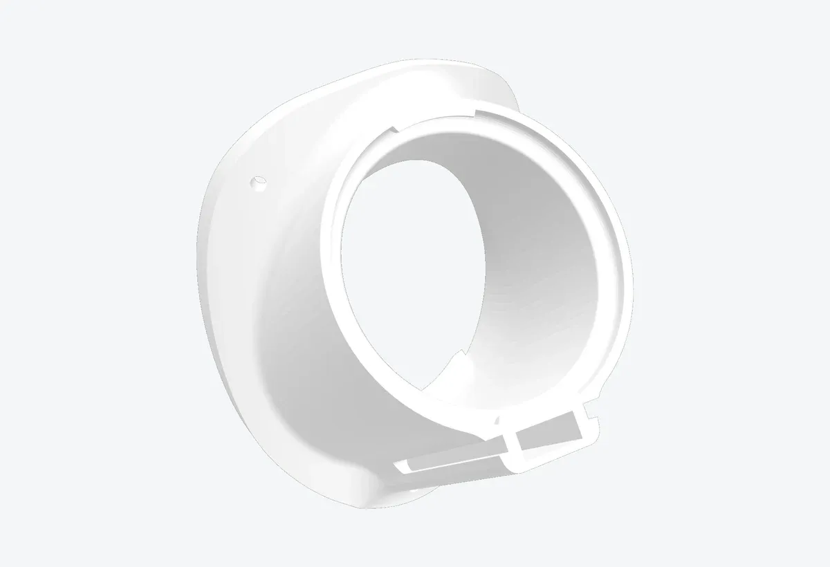 CAD render of the printed holder: a rounded shell with a round opening that takes the net pot, a small mounting hole on the face, and a straight rail with a square catch running down one side.
