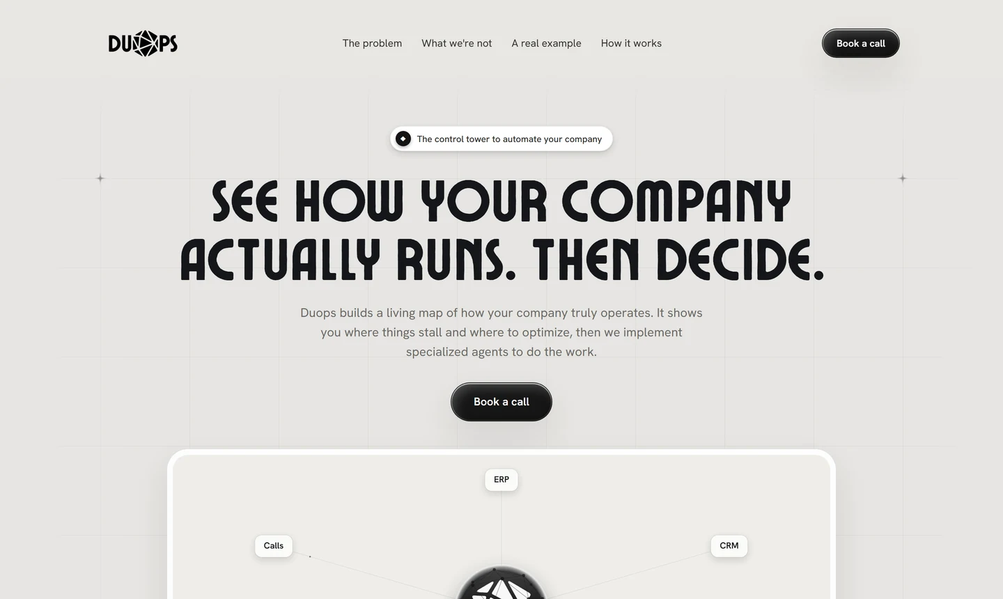 Duops' landing page: the headline "See how your company actually runs. Then decide.", and below it a diagram with the Duops mark at the centre, linked out to ERP, CRM, calls, chat and spreadsheets.