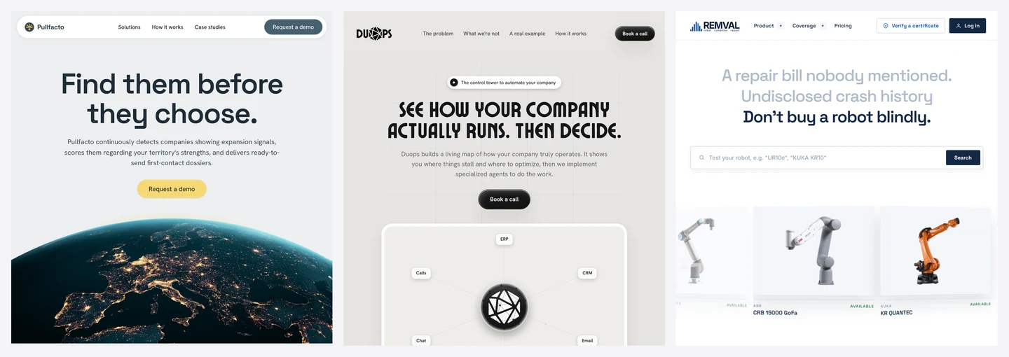 The landing pages of the three ventures side by side: Pullfacto over a night-lit Europe, Duops over a diagram linking ERP, CRM, calls, chat and spreadsheets, and REMVAL over a row of robot arms.