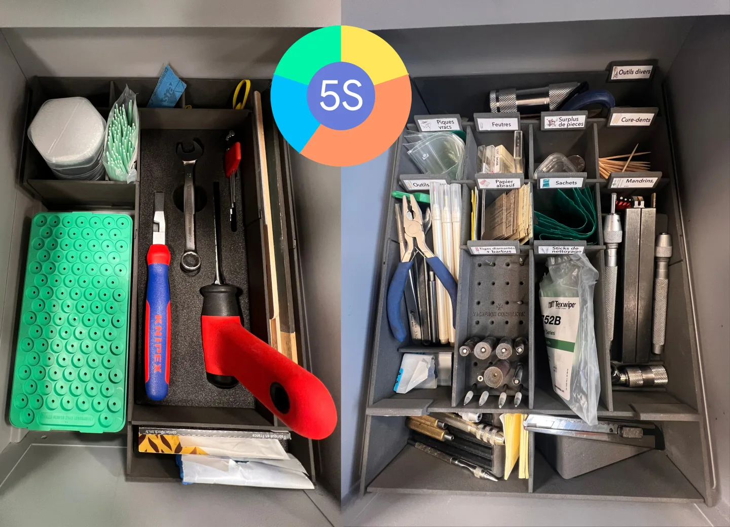 A split photo of a workshop drawer, loose tools on the left and labelled compartments on the right.