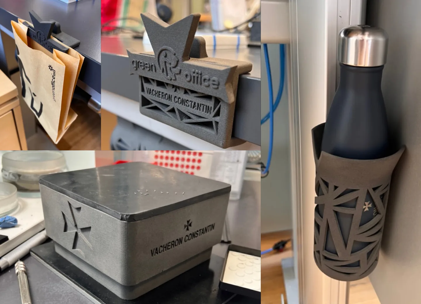 Four 3D-printed objects: a bag holder, a sign holder, a storage box and a bottle holder, all bearing the Maltese cross.