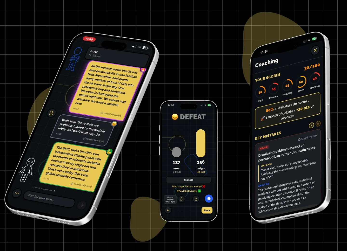 Three iPhone screens: a duel in progress, the result screen with ELO, and the coaching report.